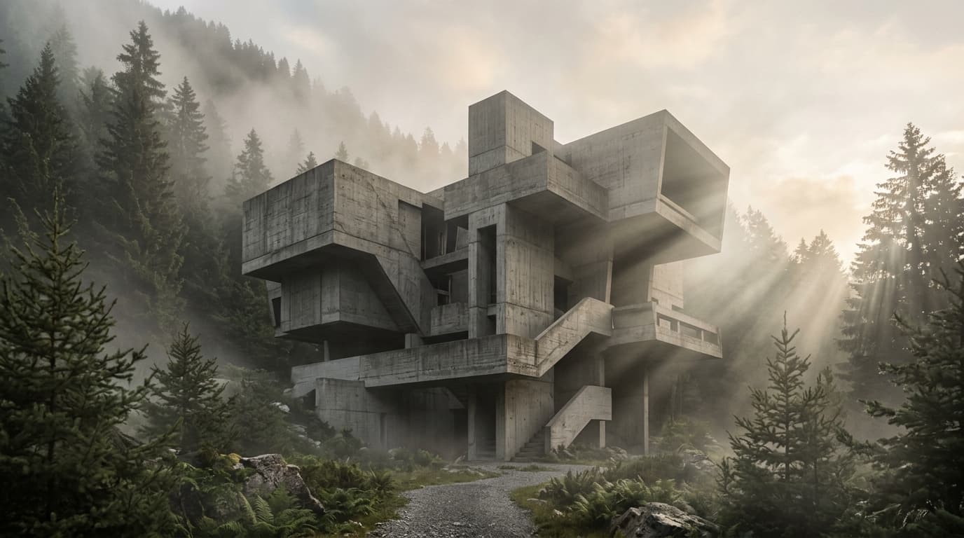OBSIDIAN Monolithic Architecture in Alpine Fog